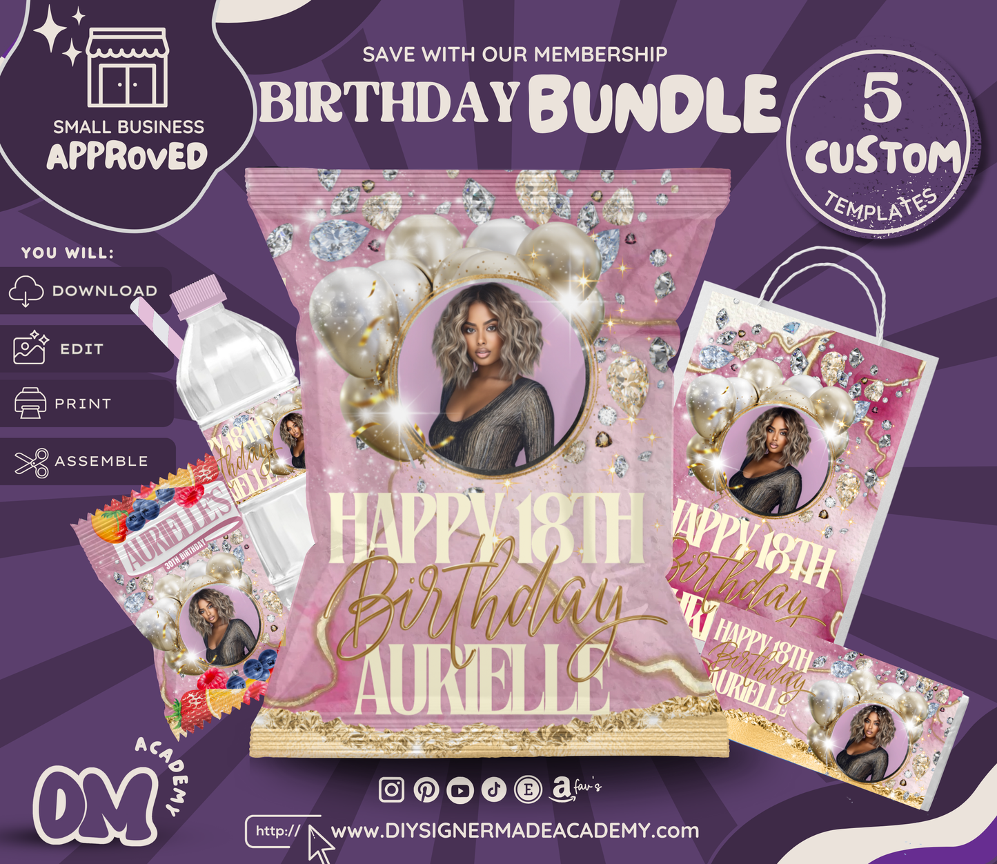 Pink Marble Rhinestone-Birthday Bundle Templates